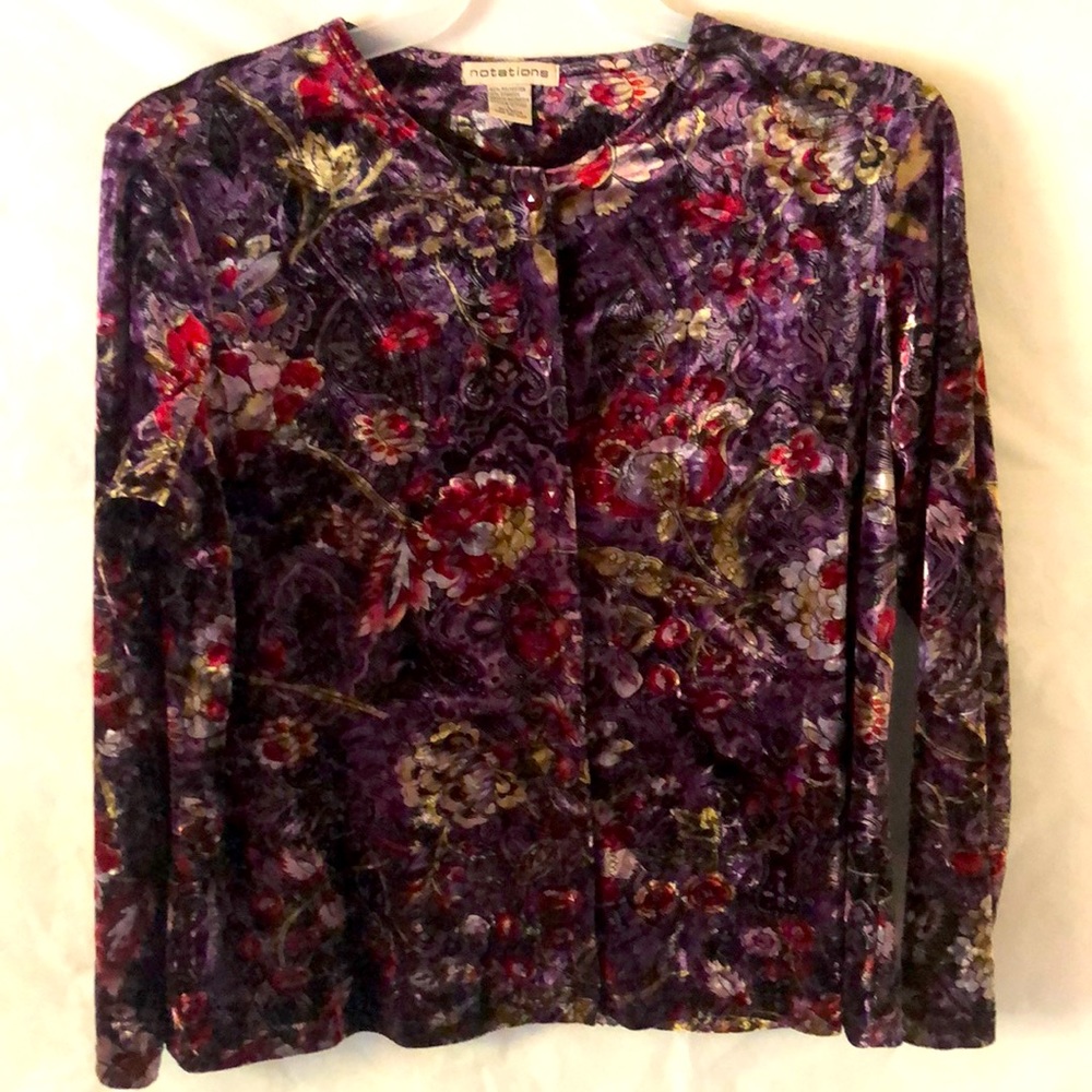 NOTATIONS Womens Purple Floral Velvet Blouse Sz L